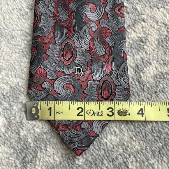 Christian Dior Mens Red Gray Paisley Abstract Neck Tie Business Career Office - Picture 6 of 9